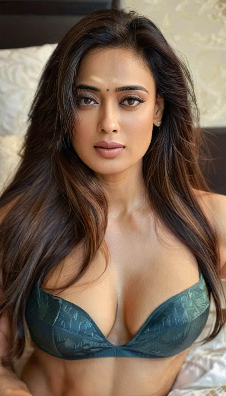 ultrarealistic hires body close up photo of a 30-year-old shweta tiwari woman, bedroom, realistic skin texture, looking looking at camera, free long hair, in bed, in bikini, realistic skin, in bed, cleavage and midriff, taking selfie,  true camera pic, beautiful eyes,  ((half body))