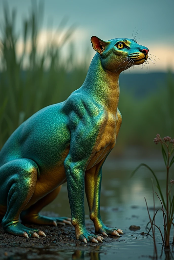 A chimera between a panther and a duck, shaped like an amphibian, webbed feet, ((duck feet)), weird body shape