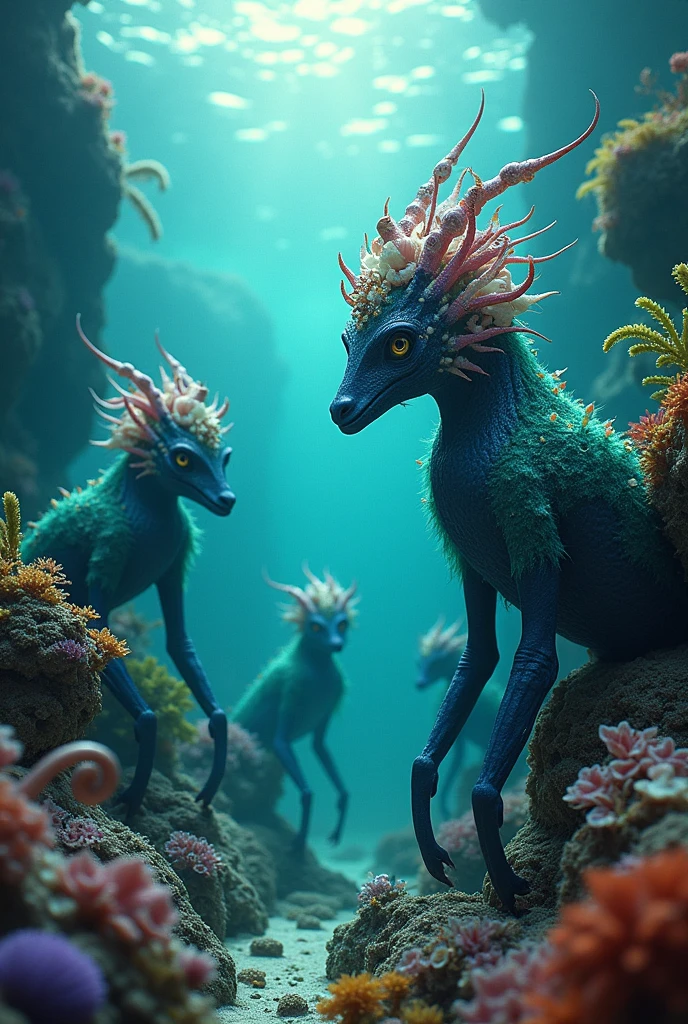 Mythical creatures from anglerfish, octopuses and marabu humanoid