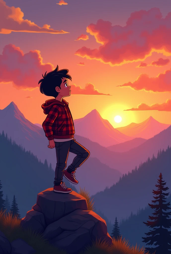 A boy in an epic mountain pose resting his foot on a rock while watching the sunset(he needs to be wearing a red flannel) in a cartoon style with their back to the camera