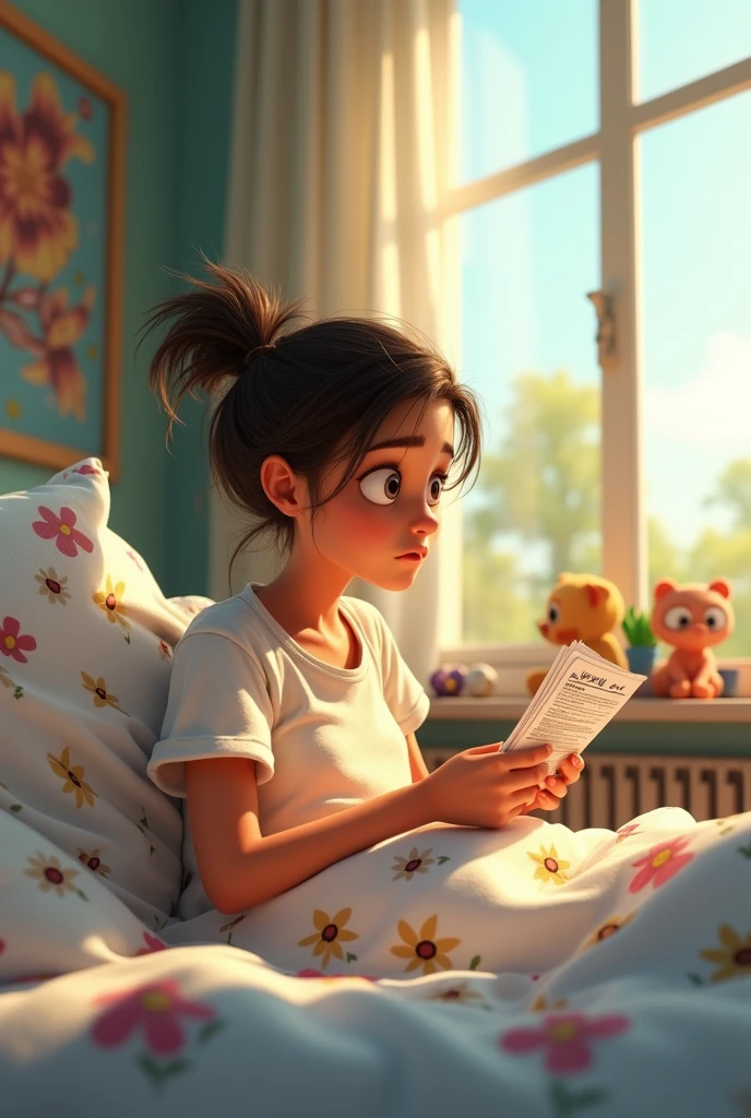 A sick young woman at hospital reading a bill, 3d, pixar, pixar style, cinematic, masterpiece, high-aesthetic, realistic 