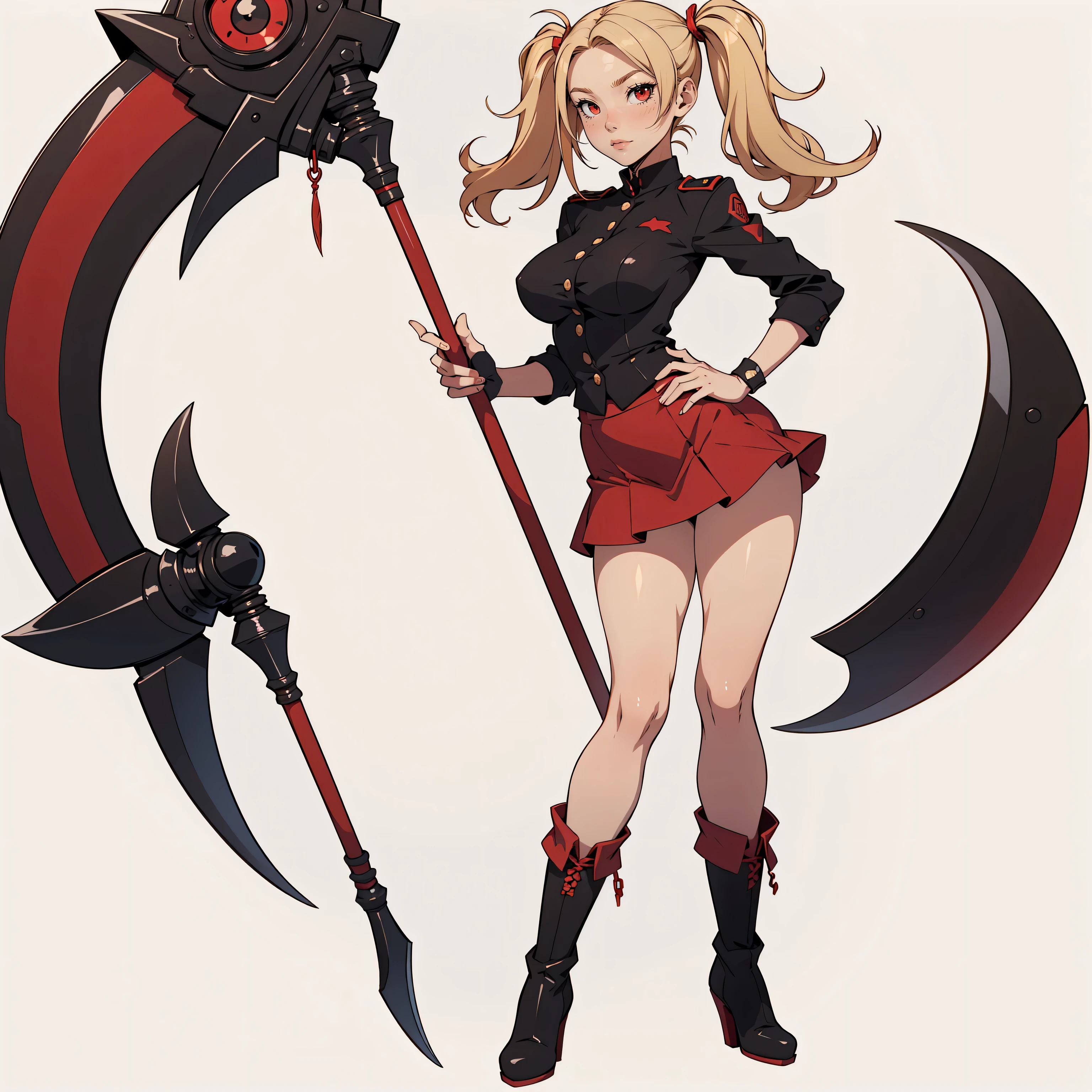 Very detailed, neutral facial expression, figure, full body view, medium breasts, blonde hair with twintails, red eyes, looking at viewer, black and red uniform, skirt, black boots, holding scythe, sexy pose.