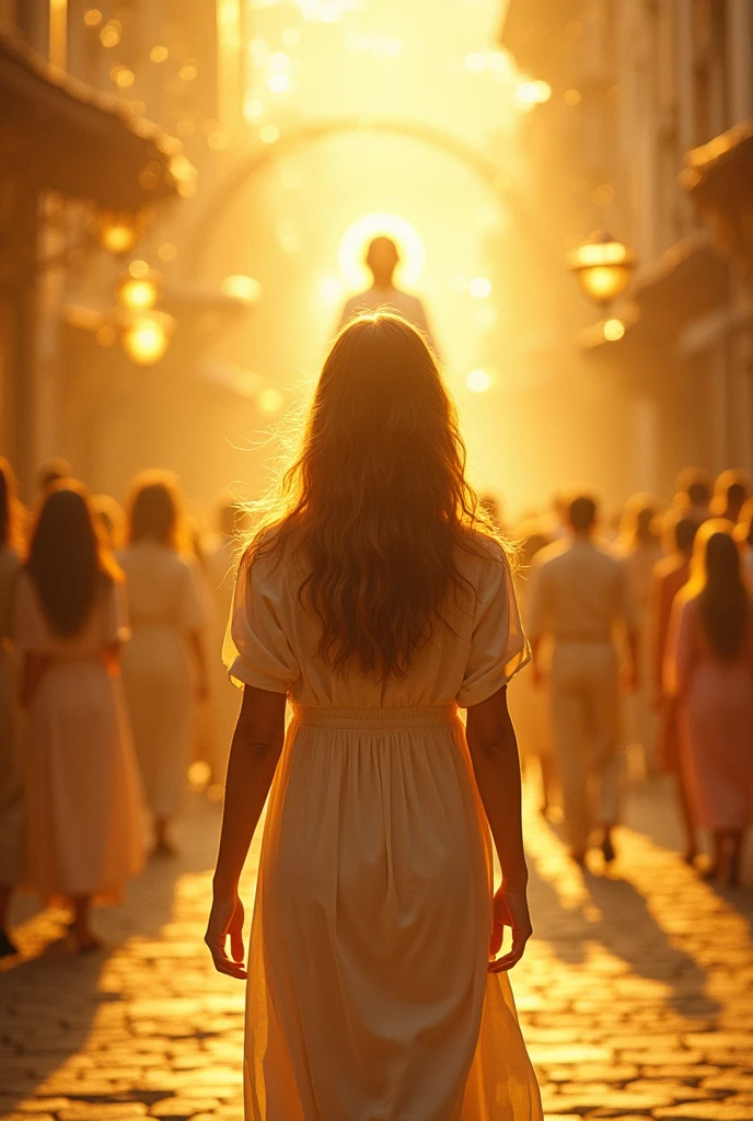 A short woman looking at Jesus on a golden street with holy garments short woman ,hair below the shoulders in transition of highlights and straightening improve the image I am short