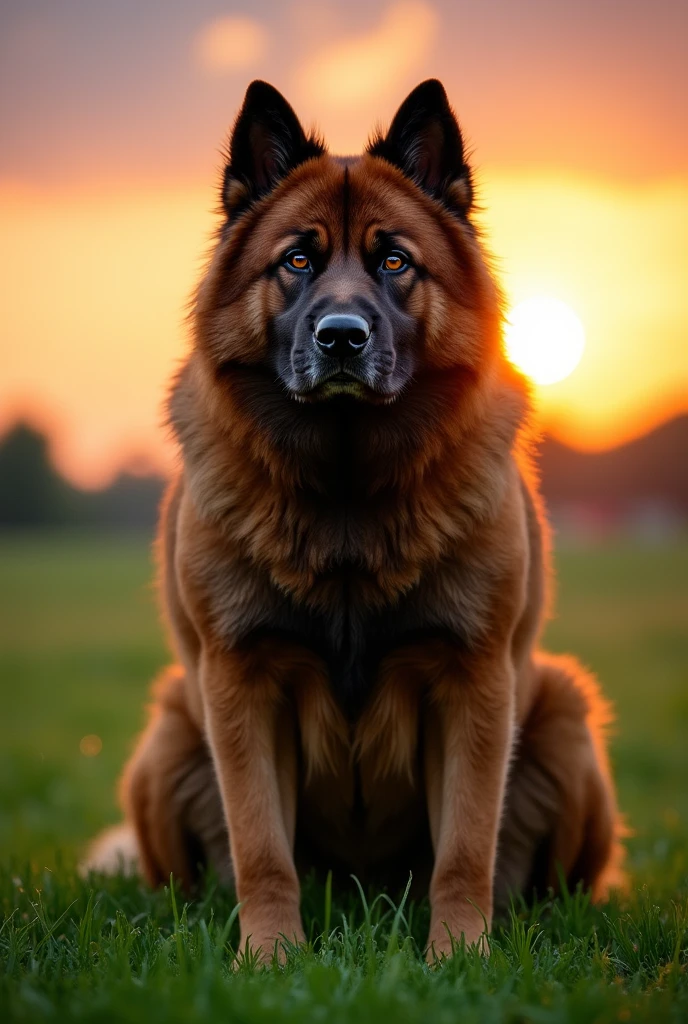 A big angry dog sit on grass looking to camera at sunset