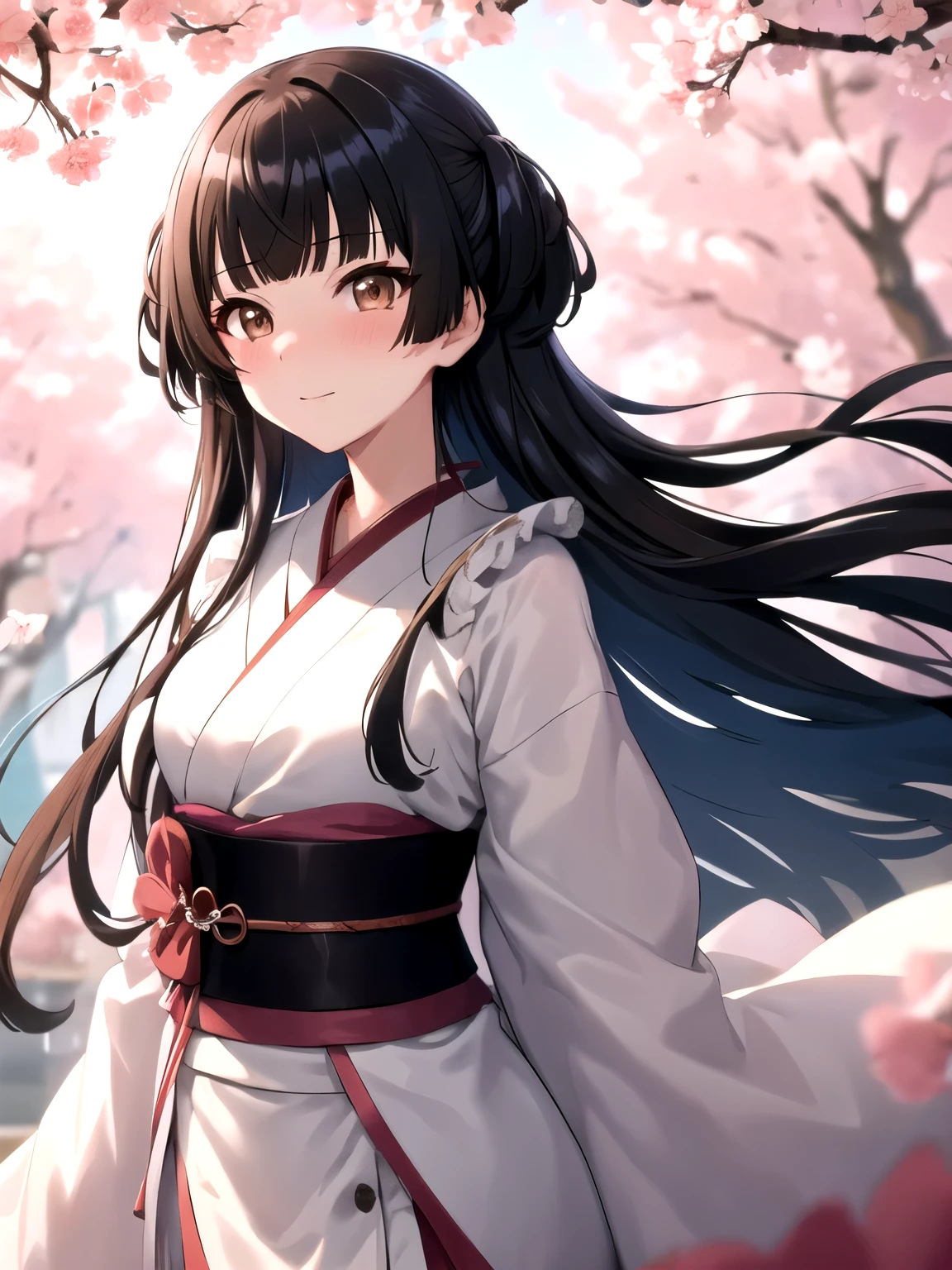 (very detailed background), fuyuko mayuzumi, black hair, (brown eyes:1.5), long hair, two side up, 1girl, solo, beautiful body, beautiful nose, perfect eyes, perfect face, perfect, body, mature, mature face, make up, (gorgeous detailed skin), (detailed hair), looking at viewer, soft smile, blush, ray_tracing, intricate details, depth of field, soft lightning, medium breasts, kimono, sakura tree, hands behind back, upper body