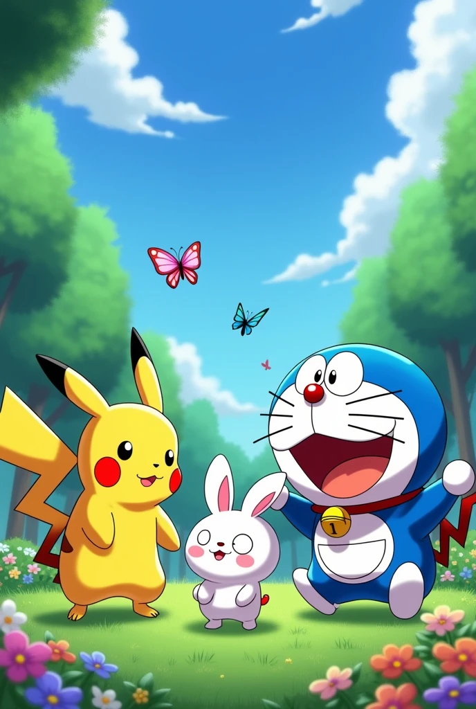Pikachu left,Snowball, Doreamon