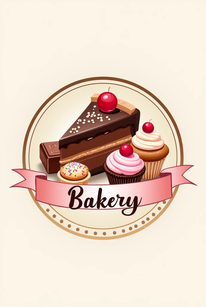 A logo for a bakery with different desserts in the middle, there should be a slice of cake, a pink cupcake, a chocolate bar and a pastry