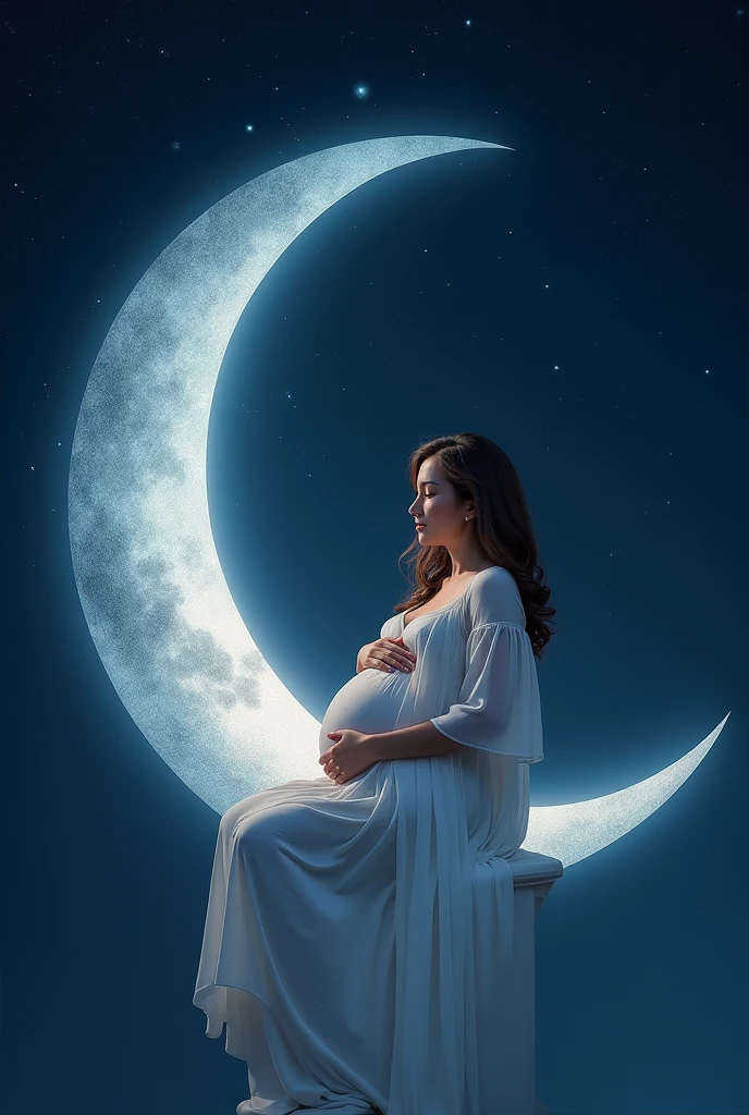 
Crescent moon with a pregnant woman on top.