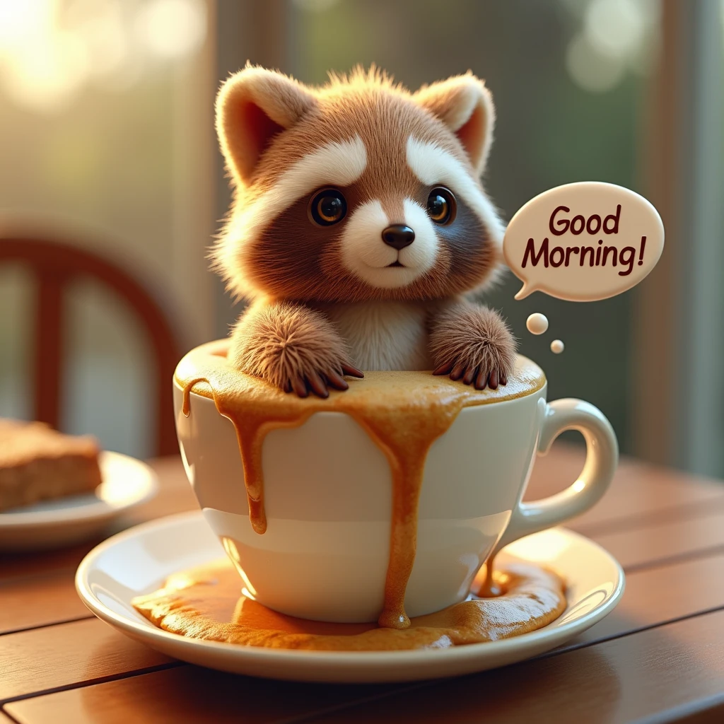 A captivating 3D render of a coffee cup on a breakfast table, brimming with a whimsical foam creation that resembles a cute, extra fluffy baby raccoon. The raccoon, with intricate details and expressive eyes, exudes a playful demeanor as it sits atop the frothy coffee, speech bubble with the text "Good Morning!", The coffee spills over the edges, forming a golden stream that cascades down, bringing the artwork to life. The blend of reality and imagination in this conceptual art piece showcases the beauty and creativity of coffee art, making it a delightful and imaginative visual experience., conceptual art, photo, 3d render