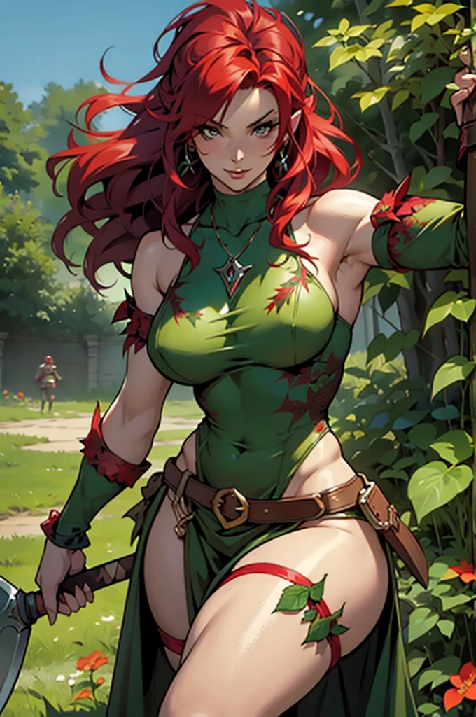 Poison Ivy is red Sonja huge breast, slutty girl with massive battle axe. Flower between legs. Naughty girl