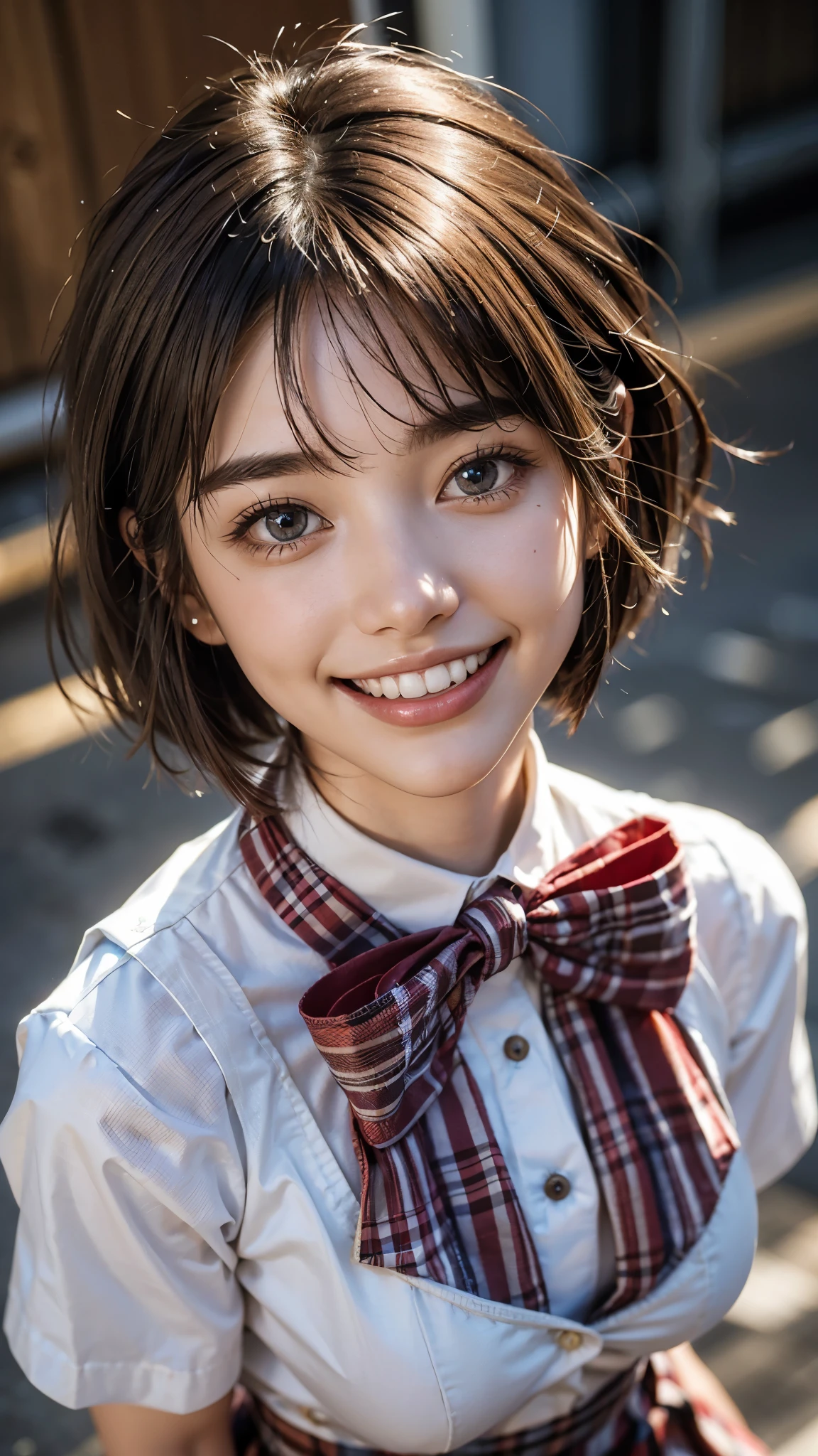 Highest quality, masterpiece, Ultra-high resolution,8k,((Toothy smile portrait:1.4)), (Realistic:1.6), ((Sparkling eyes)),((A radiant smile)), RAW Photos,((High school uniform,tie)),((Red checked pleated skirt)),((Soft looking breasts)),((Full body photo)),1 person,Slim 22 year old adult female,(Full of smiles, )) ,((Short bangs,Straight Bob Cut)),((Ribbon in hair)),((Looking up at the audience)),Face Focus:1.4,((Shot from above:1.15)),
