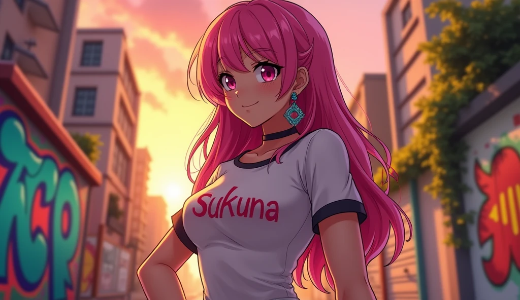 A Brazilian anime woman with a sexy pose wearing a shirt with pink hair saying sukuna