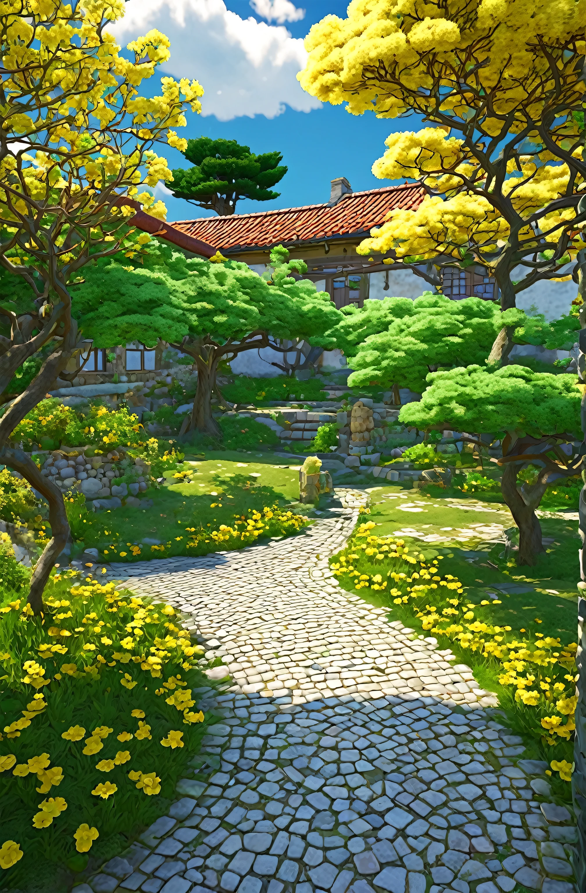 Creating an image of tranquility, Sunny countryside scenery, Vibrant anime style. The scene is set in a stone-paved courtyard,There is a small grass growing between the stones, There are trees around, Shadows of leaves and clouds, Yellow flowers on the tree,Flowers on the bush. Quaint house with red tile roof in the background, Partially obscured by trees. The sky is blue, Decorated with fluffy, White Cloud. The overall atmosphere is calm and nostalgic, Evokes warm summer days.