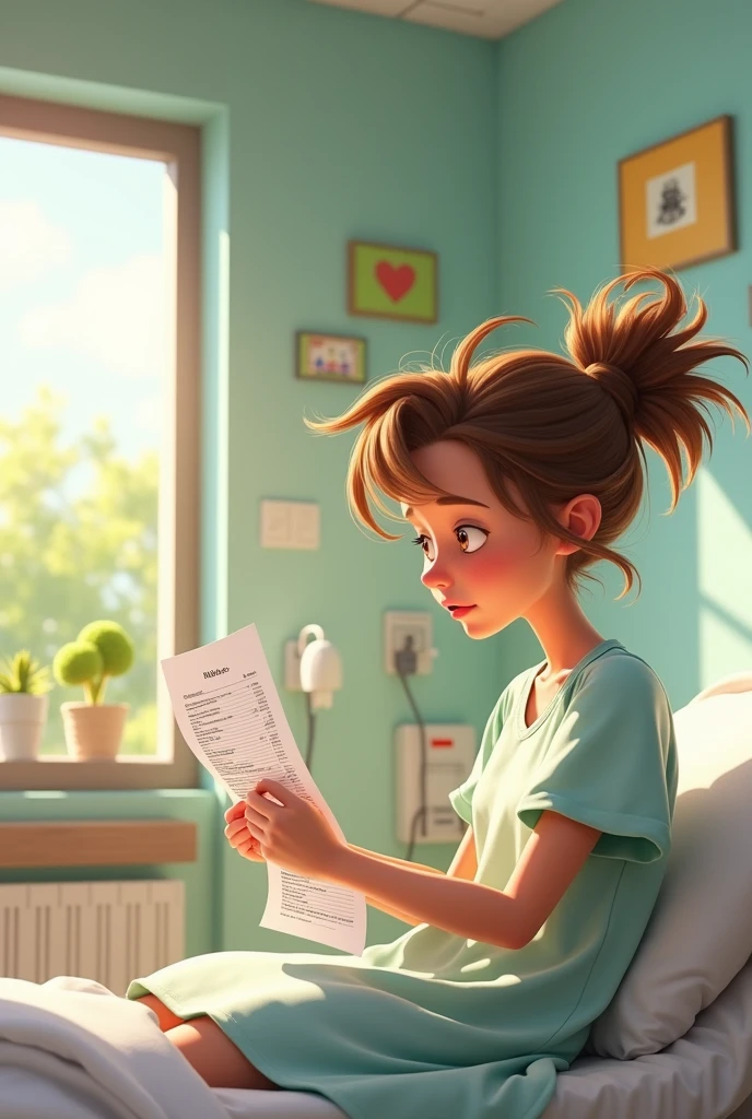 A sick young woman at hospital reading a bill, 3d, pixar, pixar style, cinematic, masterpiece, high-aesthetic, realistic 