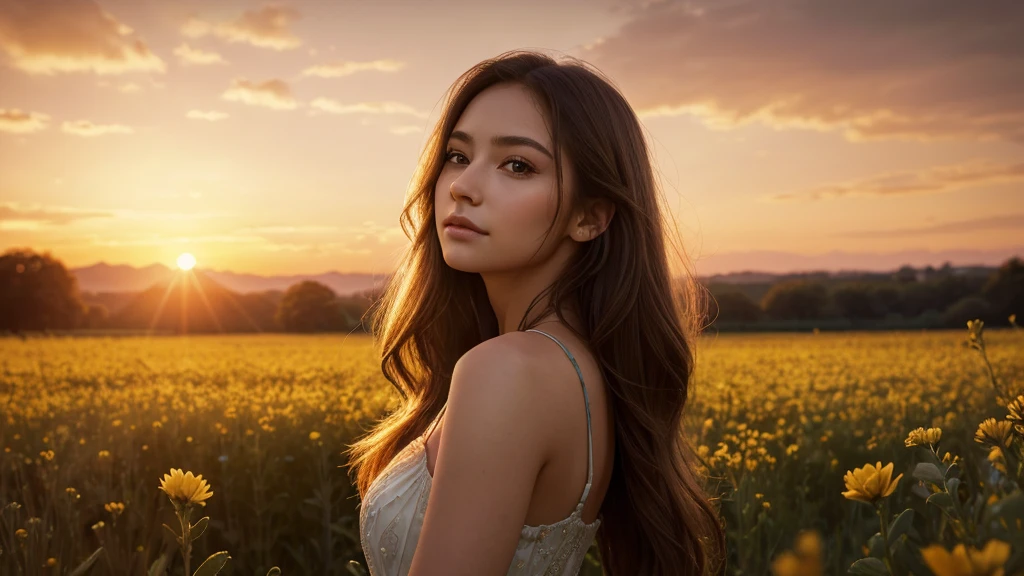 a beautiful young woman standing in a field of flowers, with a warm sunset sky in the background, her expression serene and thoughtful
(best quality,8k,highres,masterpiece:1.2),ultra-detailed,realistic,photorealistic,photo-realistic:1.37,HDR,UHD,studio lighting,ultra-fine painting,sharp focus,physically-based rendering,extreme detail description,professional,vivid colors,bokeh,portrait,landscape,golden hour lighting,soft warm colors,detailed facial features,long flowing hair,elegant posture,serene expression,delicate flowers,lush greenery