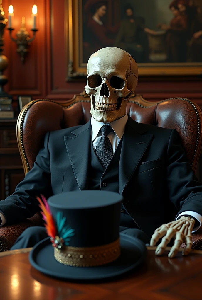 Draw a skull wearing a suit and tie mocking a hat