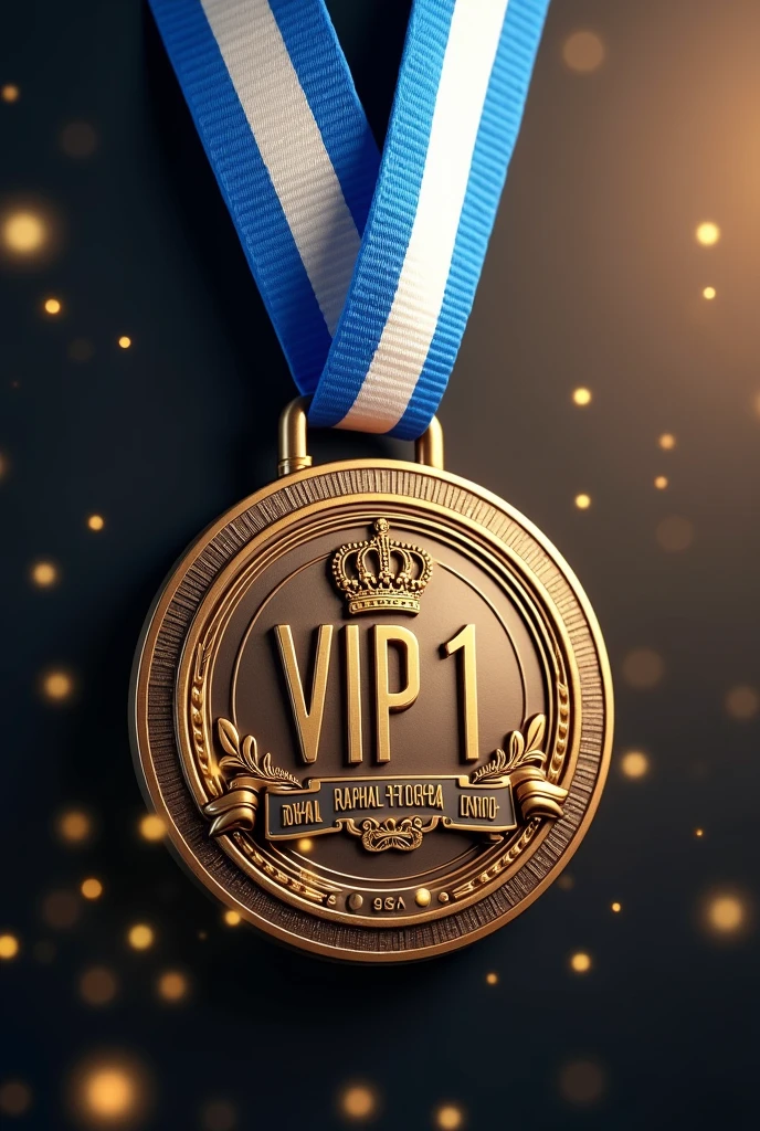 (Photorealism:1.2), beautiful medal with two-color ribbon((blue and white colors))necklace pendant "VIP 1", ((Hyper-Realism)), make this medal as a celebration of "VIP 1" from the company, paying homage, Write the name : ((Raphael Fraga Damaceno, from Royal Vending Company)).
