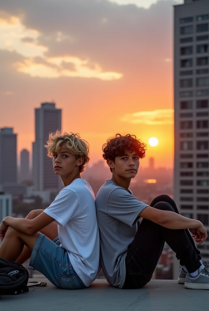 Two boys, 18 and , sitting back to back, a sunset and city landscape