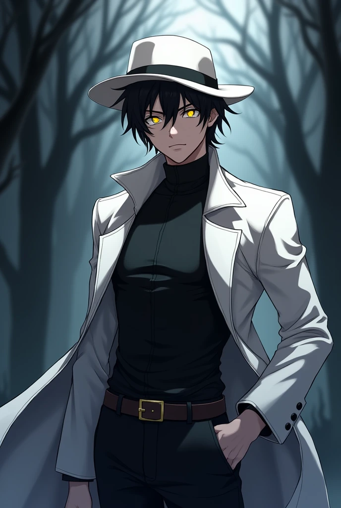 (8k, best quality, masterpiece:1.2), (anime style), RAW photo, best quality, ultra high res, best shadow, (full body:1.4), A guy with yellow eyes, in a black shirt, white hat, and white coat horror, highly detailed facial features, perfect eyes one hand holds hat.