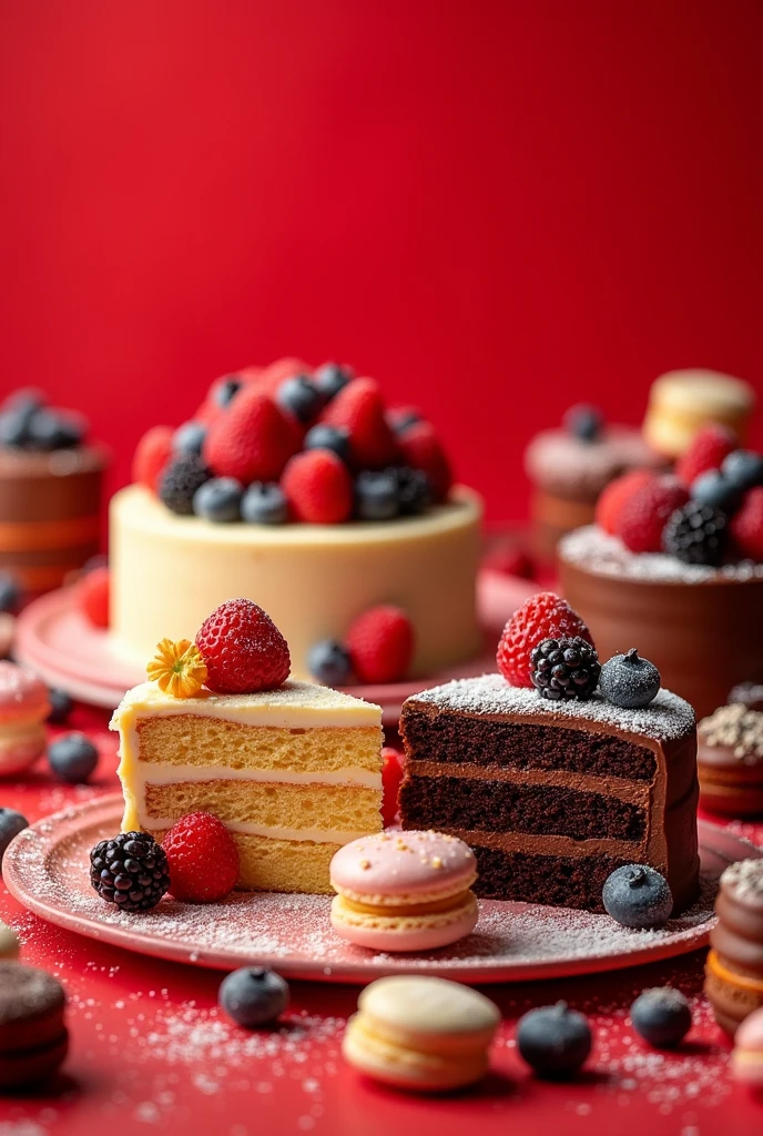 Generate an image filled with real cakes and snacks, Fill it with small images but many with a red background