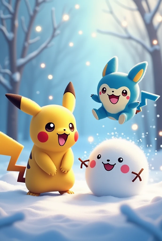 Pikachu left, Cute Snowball, Doreamon