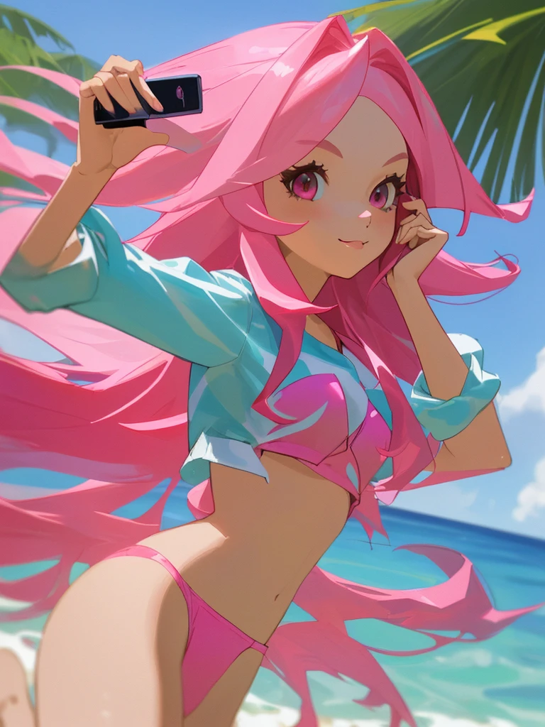 a girl, with long pink hair, taking a selfie, wearing swimwear.