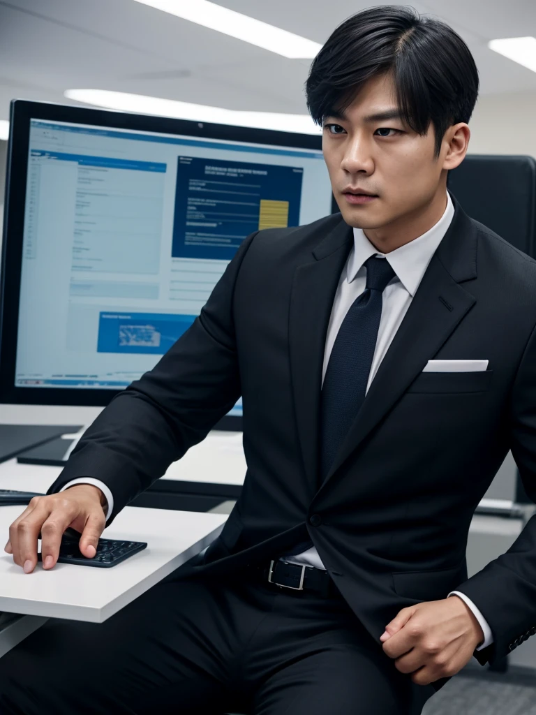 asian man, marked jaw, Kim Taehyung, fbi agent, using suit, looking at screen, striking look, CIA secret agent clothing, full hd, 4K, photo in the office, Black Suit, strong bodie, gym-toned body