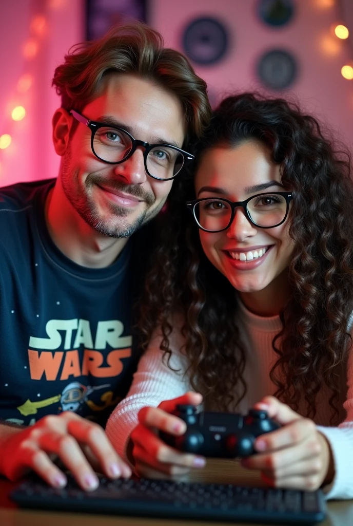 Drawing of a couple, 33 year old white man, with medium brown hair, small mouth, blue eye, pointy nose, wearing glasses, Star Wars shirt, holding a computer keyboard. 
36 year old brunette woman, long dark brown curly hair, wearing glasses, light brown eyes, full mouth, camisa do Harry Potter, holding video game controller. In the background of the image, something related to the tiktok icon