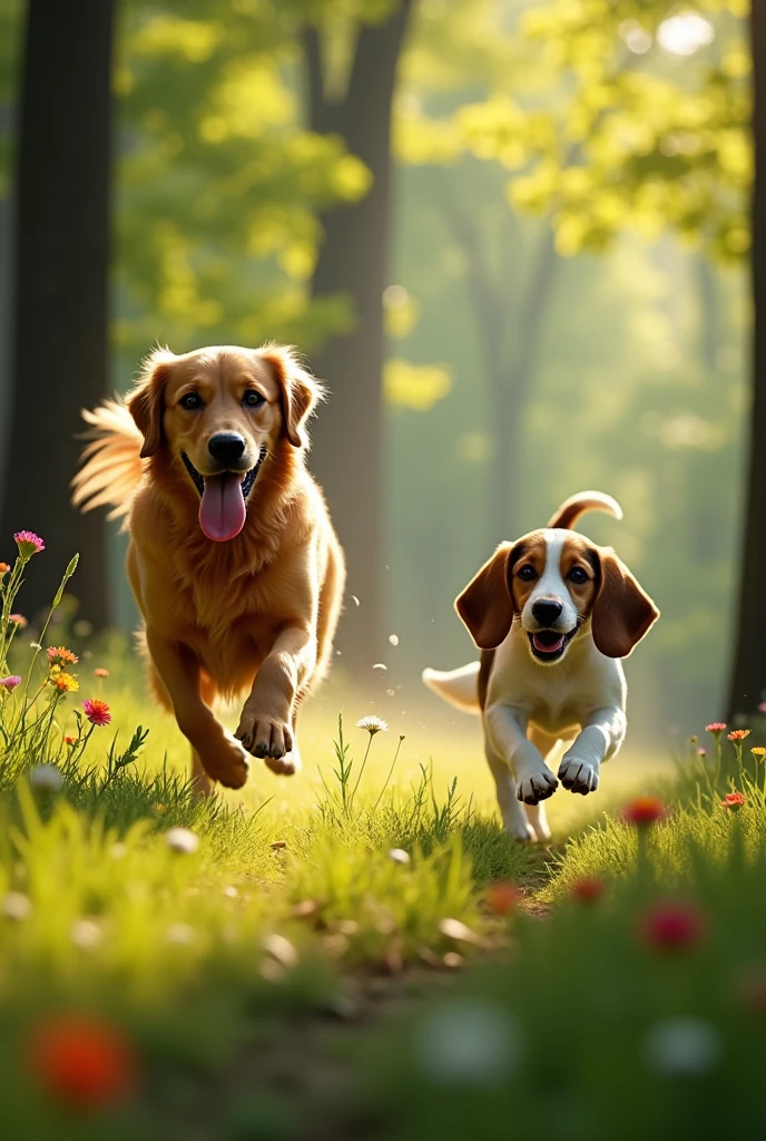 Two dogs playing in the forest among the trees