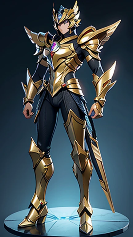 Description for generating the armor image:

Gold Armor for Ectomorph Design:

inspired by the image provided, Anime style, detailed and stylized.
Bright gold with metallic highlights.
Articulated moving parts (helmet, breastplate, arms, flegs, feet).
Body Structure:

Slim and slender body (ectomorfo).
fair fit, highlighting elegance and agility.
Modificação das shoulderpads:

shoulderpads com design misto inspirado nos Cavaleiros do Zodíaco.
First Layer: shoulderpads retas e, inspired by the Cancer Gold Saint's armor, but without the spikes.
Second Layer: shoulderpads estilizadas e curvas, similar to the Sagittarius Seiya armor in Knights of the Zodiac Omega.
Lower Layers: Maintain the existing protective layers in the base image, adjusted for the new design.
3D Techniques:

Rigging for smooth movements.
Keyframing for fluid transformations.
Morph Targets for refined details.
Particle Systems for realistic effects.
detaileds:

layercete: Detailed design with water elements, glare eyes.
breastplate: chunky, with Aquarius emblems and symbols, adjusted for slim torso.
arms and legs: Segmented, adaptados para arms e flegs finos.
feet: Detailed protections, ajustadas para feet estreitos.
shoulderpads: Modified as described above.
layer: Long and fluid, with detailed textures to show movement.
enviroment:

fund: Ice cave or water scene.