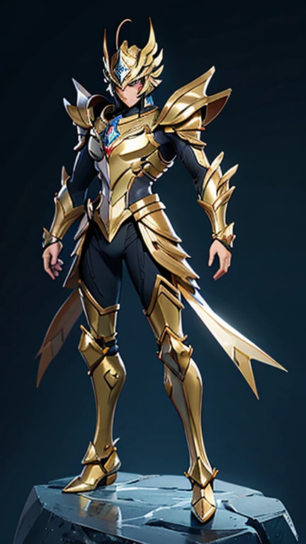 Description for generating the armor image:
Gold Armor for Ectomorph Design:
inspired by the image provided, Anime style, detailed and stylized.
Bright gold with metallic highlights.
Articulated moving parts (helmet, breastplate, arms, flegs, feet).
Body Structure:
Slim and slender body (ectomorfo).
fair fit, highlighting elegance and agility.
Modificação das shoulderpads:
shoulderpads com design misto inspirado nos Cavaleiros do Zodíaco.
First Layer: shoulderpads retas e, inspired by the Cancer Gold Saint's armor, but without the spikes.
Second Layer: shoulderpads estilizadas e curvas, similar to the Sagittarius Seiya armor in Knights of the Zodiac Omega.
Lower Layers: Maintain the existing protective layers in the base image, adjusted for the new design.
3D Techniques:
Rigging for smooth movements.
Keyframing for fluid transformations.
Morph Targets for refined details.
Particle Systems for realistic effects.
detaileds:
layercete: Detailed design with water elements, glare eyes.
breastplate: chunky, with Aquarius emblems and symbols, adjusted for slim torso.
arms and legs: Segmented, adaptados para arms e flegs finos.
feet: Detailed protections, ajustadas para feet estreitos.
shoulderpads: Modified as described above.
layer: Long and fluid, with detailed textures to show movement.
enviroment:
fund: Ice cave or water scene.