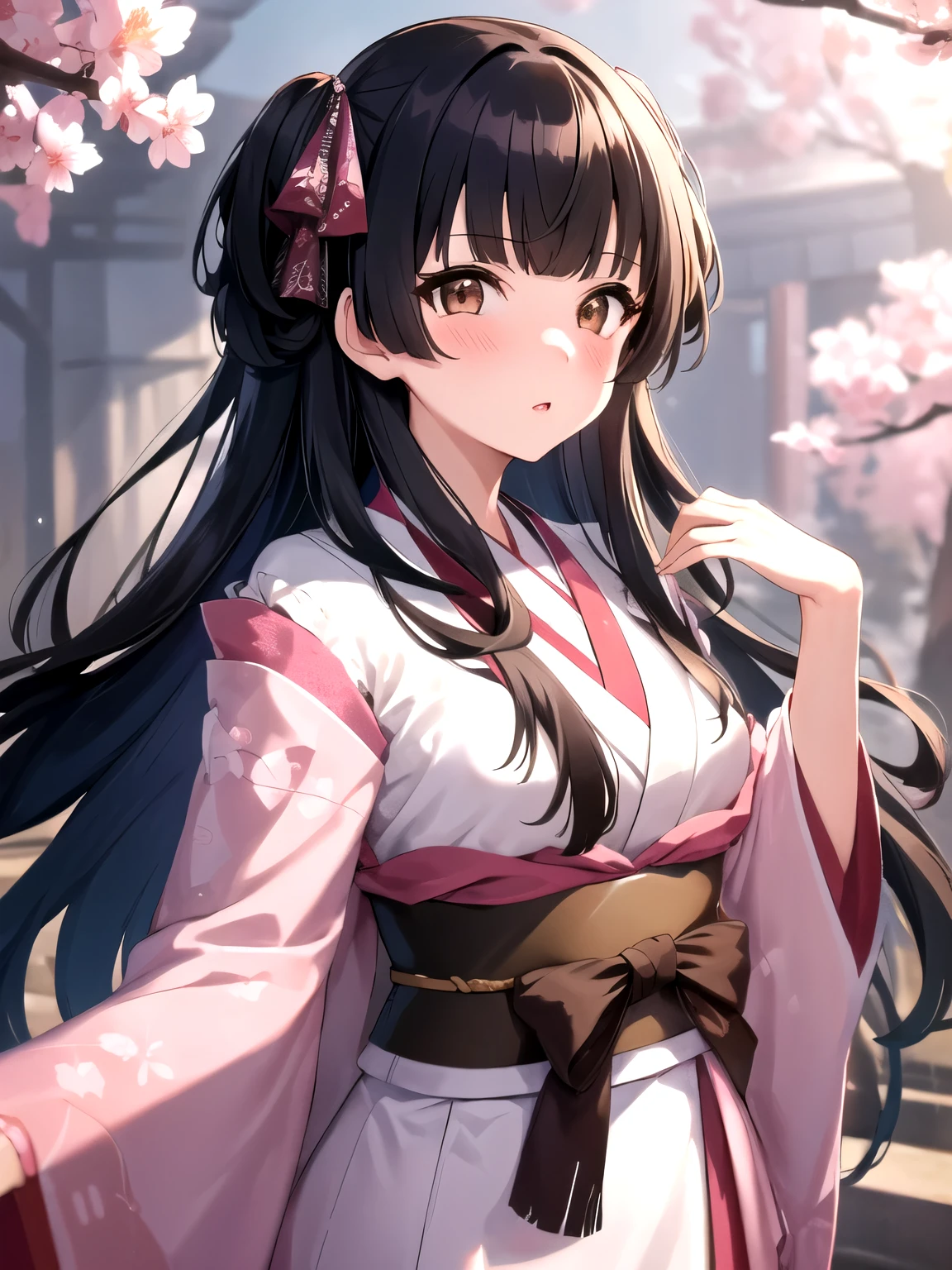 (very detailed background), fuyuko mayuzumi, black hair, (brown eyes:1.5), long hair, two side up, 1girl, solo, beautiful body, beautiful nose, perfect eyes, perfect face, perfect, body, mature, mature face, make up, (gorgeous detailed skin), (detailed hair), looking at viewer, soft smile, blush, ray_tracing, intricate details, depth of field, soft lightning, medium breasts, kimono, sakura tree, upper body