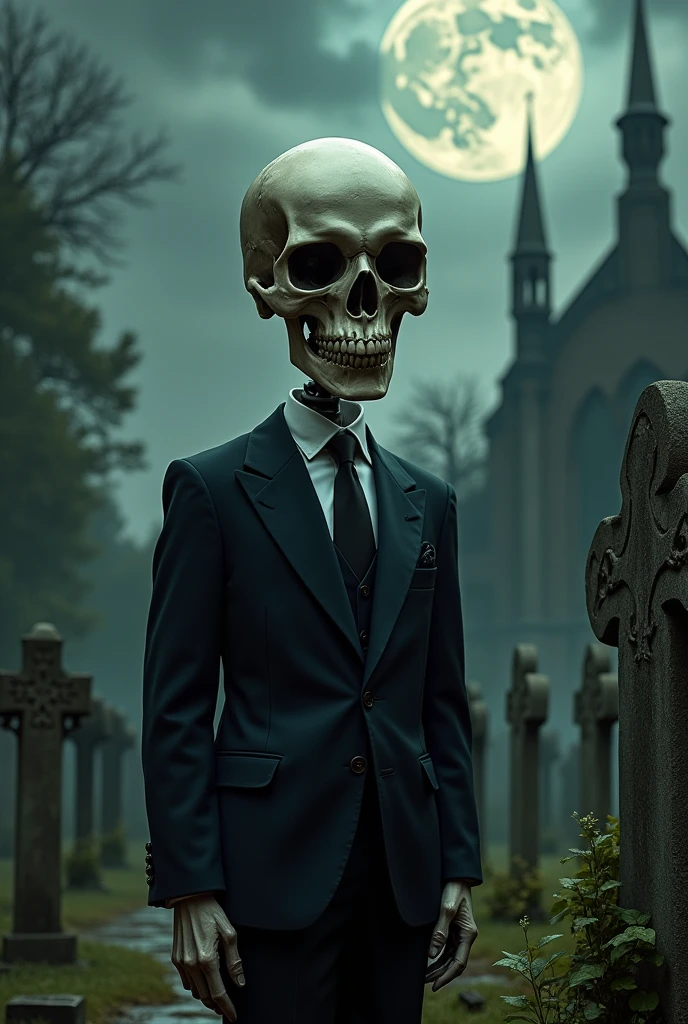 Make a skull wearing a suit and tie mocking a chapel in a cemetery 
