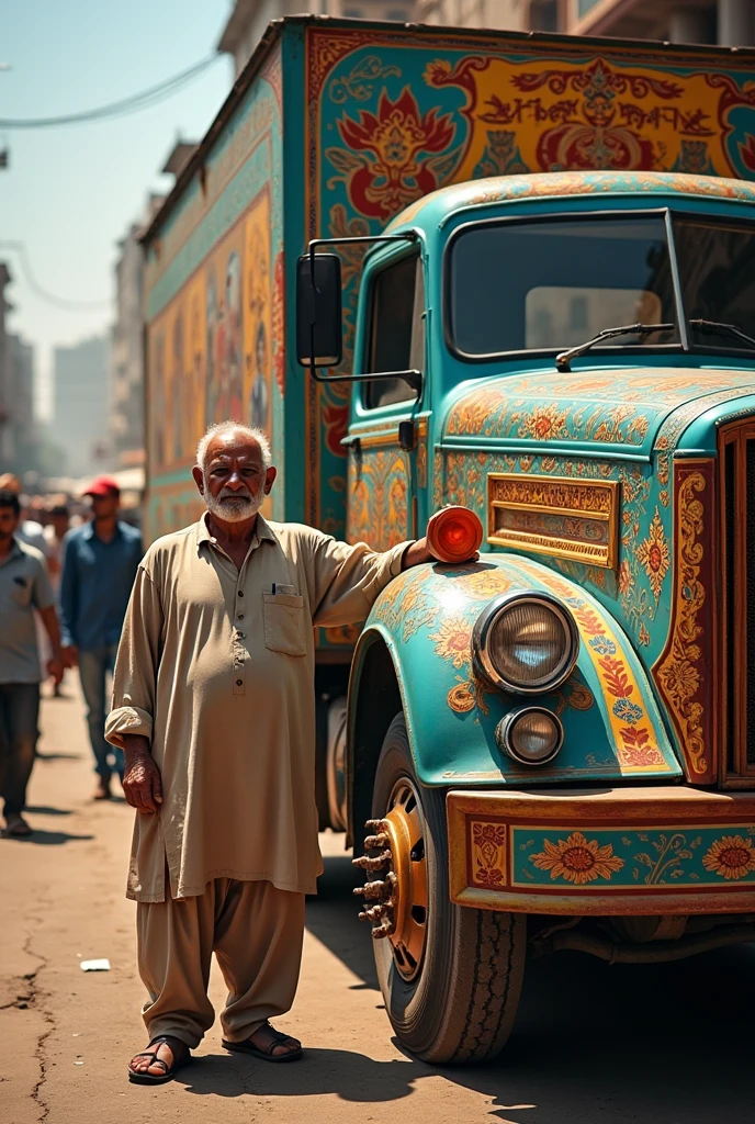 A desi old man Standing with Pakistani Art truck and Truck Driver clearly written on truck