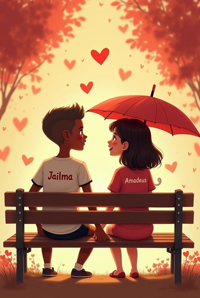 Drawing of a couple holding hands, facing forward. The boy is wearing a shirt with the name Jailma and the girl is wearing a shirt with the name Amadeus. Both are the same size, tall and thin. He is dark-skinned, bald, with dark brown eyes, and she has short hair reaching her shoulder, brown eyes, and is lighter-skinned, almost white. The background is filled with hearts and they are sitting on a park bench. He has his arm around her and she is holding an umbrella, blocking the rain of hearts. The date is 18./06/2024