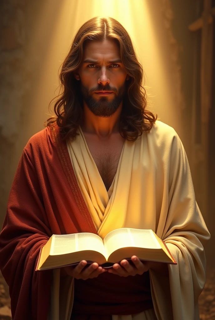 “A front-facing image of Jesus Christ, dressed in traditional robes, holding an open Bible in His hands. He is gazing calmly at the viewer, with a warm and serene expression. The soft light illuminates His face and the pages of the Bible, while the background is a soft glow of golden light, symbolizing divine knowledge and wisdom.”
