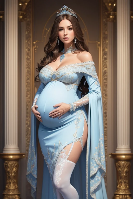 8k, masterpiece, very realistic, Full body (Sexy pregnant queen 1.2), very slim waist, slim thighs, elaborate detailed light blue detailed embroidered formal dress, long straight flowing wavy (light white and brown hair 1.2), elaborate detailed patterned white stockings, medium breasts, pregnant, (curved back 1.2), silver tiara with light blue gems