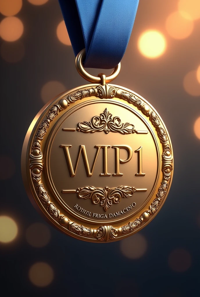 (Photorealism:1.2), beautiful medal with two-color ribbon((blue and white colors))necklace pendant "VIP 1", ((Hyper-Realism)), make this medal as a celebration of "VIP 1" from the company, paying homage, Write the name : ((Raphael Fraga Damaceno, from Royal Vending Company)).