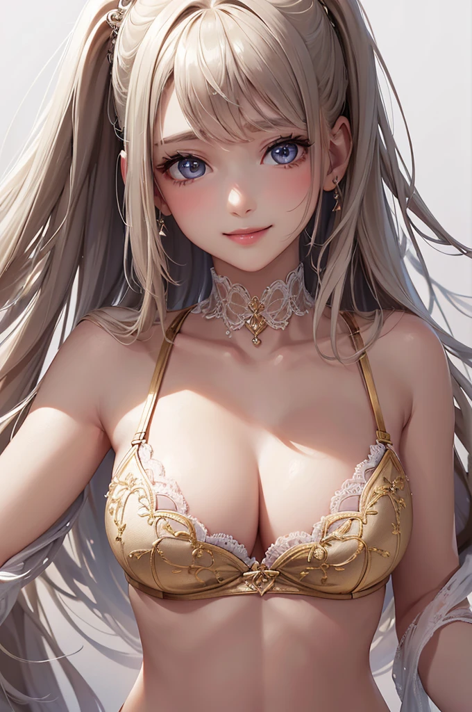 Best Quality,High resolution,8k,(plain white background, no patterns, no textures, just a plain white background:1.3),Masterpiece:1.2),beautiful girl,Shiny khaki hair,messy hair,Beautiful khaki eyes,A bold lingerie set crafted from sheer mesh with elaborate, y embellishments. The bra features daring cutouts with intricate lace details and jeweled accents that catch the light. The matching pane designed with seductive mesh panels and elaborate lace trims, with additional sparkling details along the waistband. Choose vibrant colors like neon pink, sapphire blue, or metallic gold for an eye-catching effect,Gentle look,A refreshing look,smile,Best quality,Best Quality,Aesthetic and aesthetic:1.2,Best details((Super detailed))(High-definition CG illustrations),Slender body,smile,blush,cute,Scrounge,Looking up,Being spoiled,super model