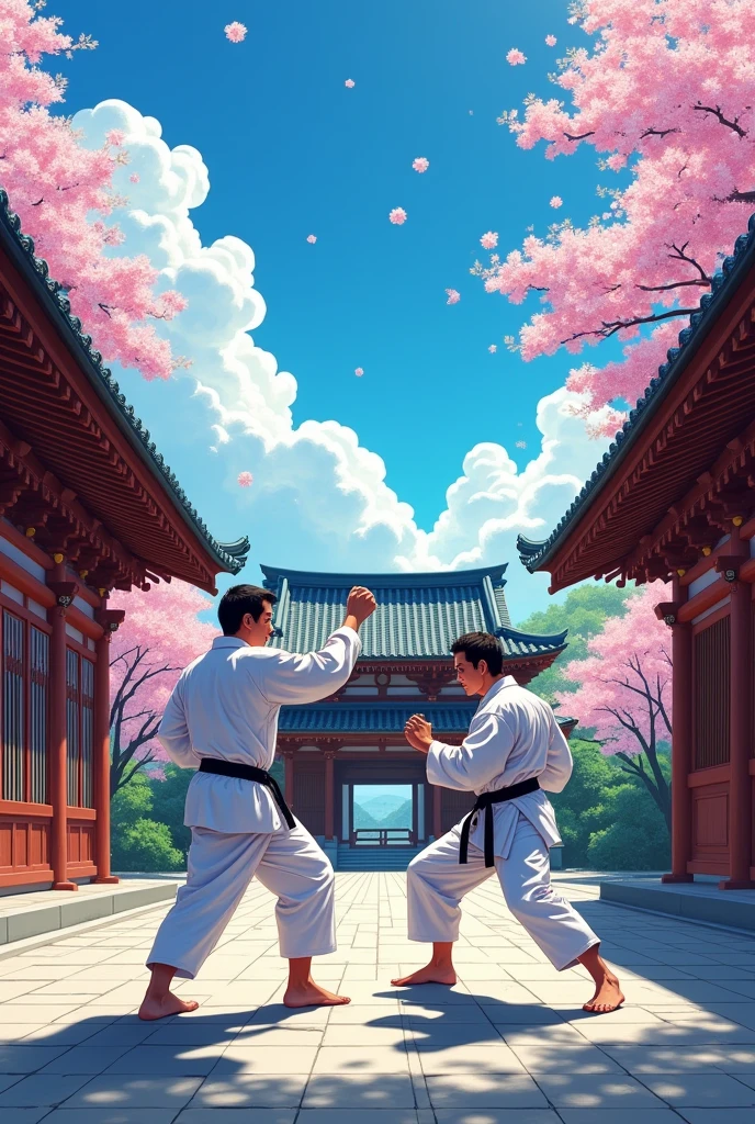 e com kimonos brancos de karate, no logos, Is it a manga style?, num templo japonês com um céu azul