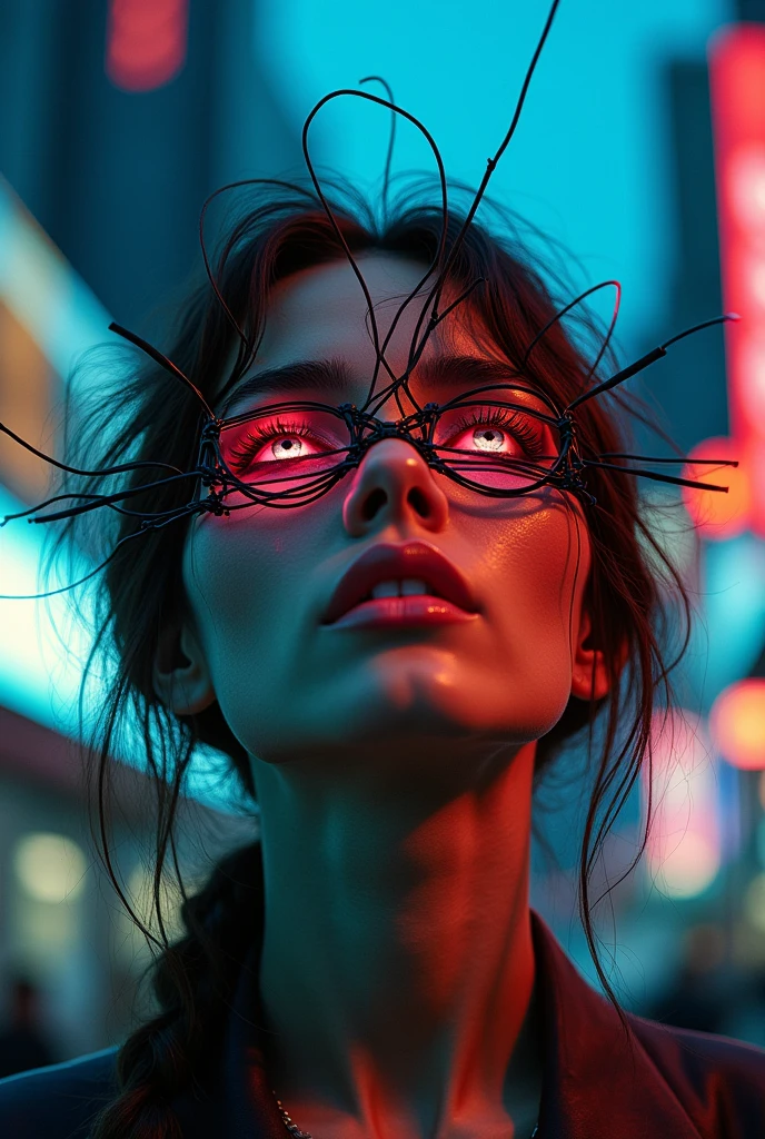 woman with telephone wires
on her eyes