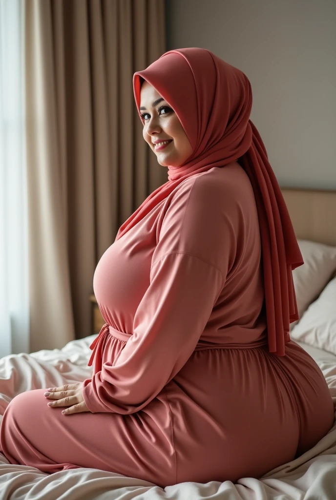 Big ass chubby hijab woman bend over on her bed, view from her back, panty lines visible in her long robes, she looking back at you with her tongue out
