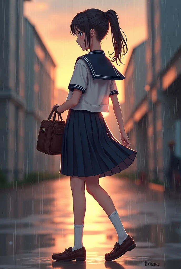 high school girl、Sheer sailor suit(buzzer服、Wet and transparent)、Navy Pleated Skirt、socks、loafers、ponytail、school bag、buzzer、Sudden Sunset(rain)、