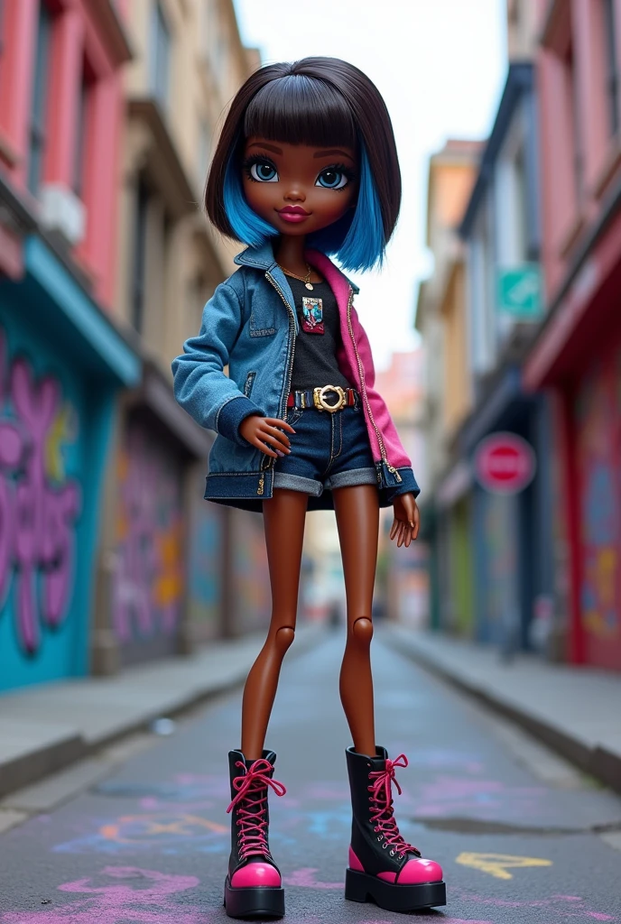 A Bratz doll with short dark brown hair and two blue streaks, She has brown eyes and brown skin, with platform boots and clothes in blue, pink or black