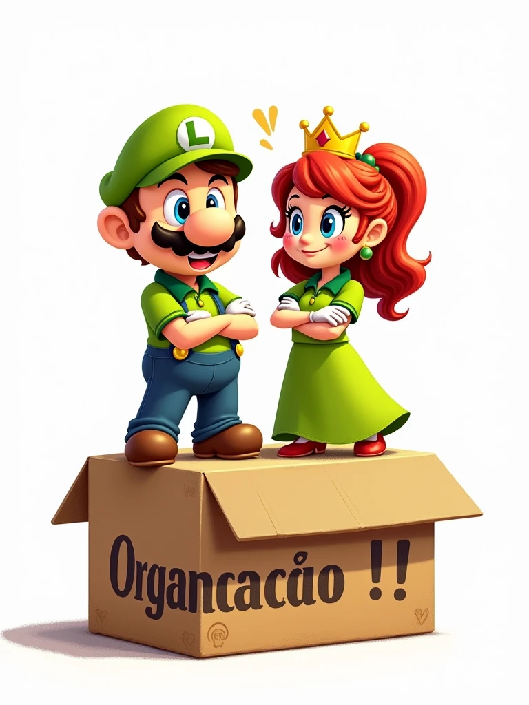 A charming and vibrant illustration inspired by the 90s, featuring a charming mario and princess, holding box, pixel art, a playful smile, they are wearing a lime green polo shirt, dark green collar, arms crossed, a large banner at the bottom saying  “Organização !”, giving a touch of humor to the image, cheerful, full of life and reminiscent of vintage paintings on a clean white background.