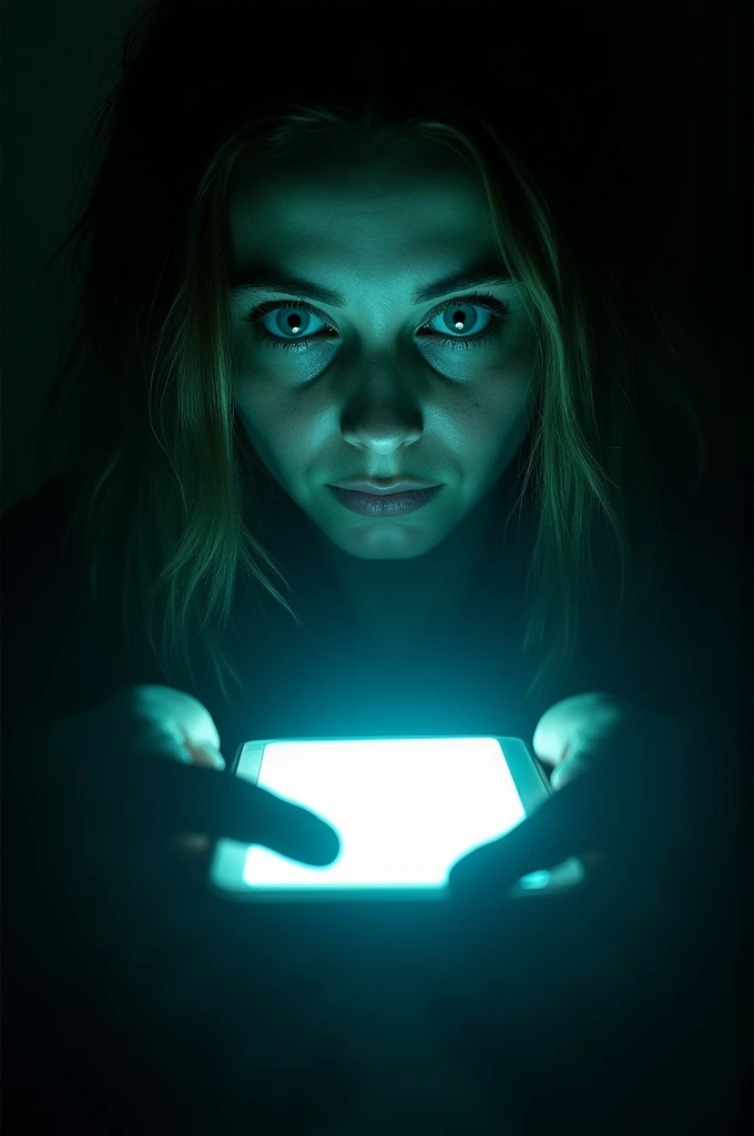 A pair of eyes staring blankly at a glowing screen, with a faint sinister aura around them.