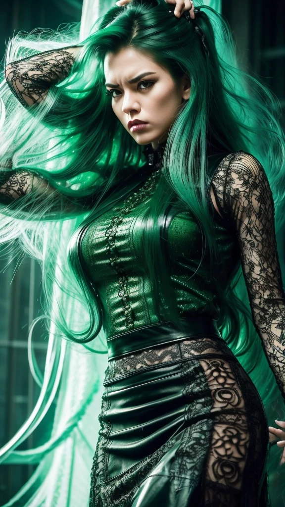 8K , Indonesian woman with tall body and long legs and muscular build, 38 years old , Woman wearing Maxi ****ta leather skirt rock n roll clothes with lace, Dramatic images , Beautiful , Extremely detailed , Angry face , ((Hair blowing:1.3 )) , green hair, pose comes out of a magical portal