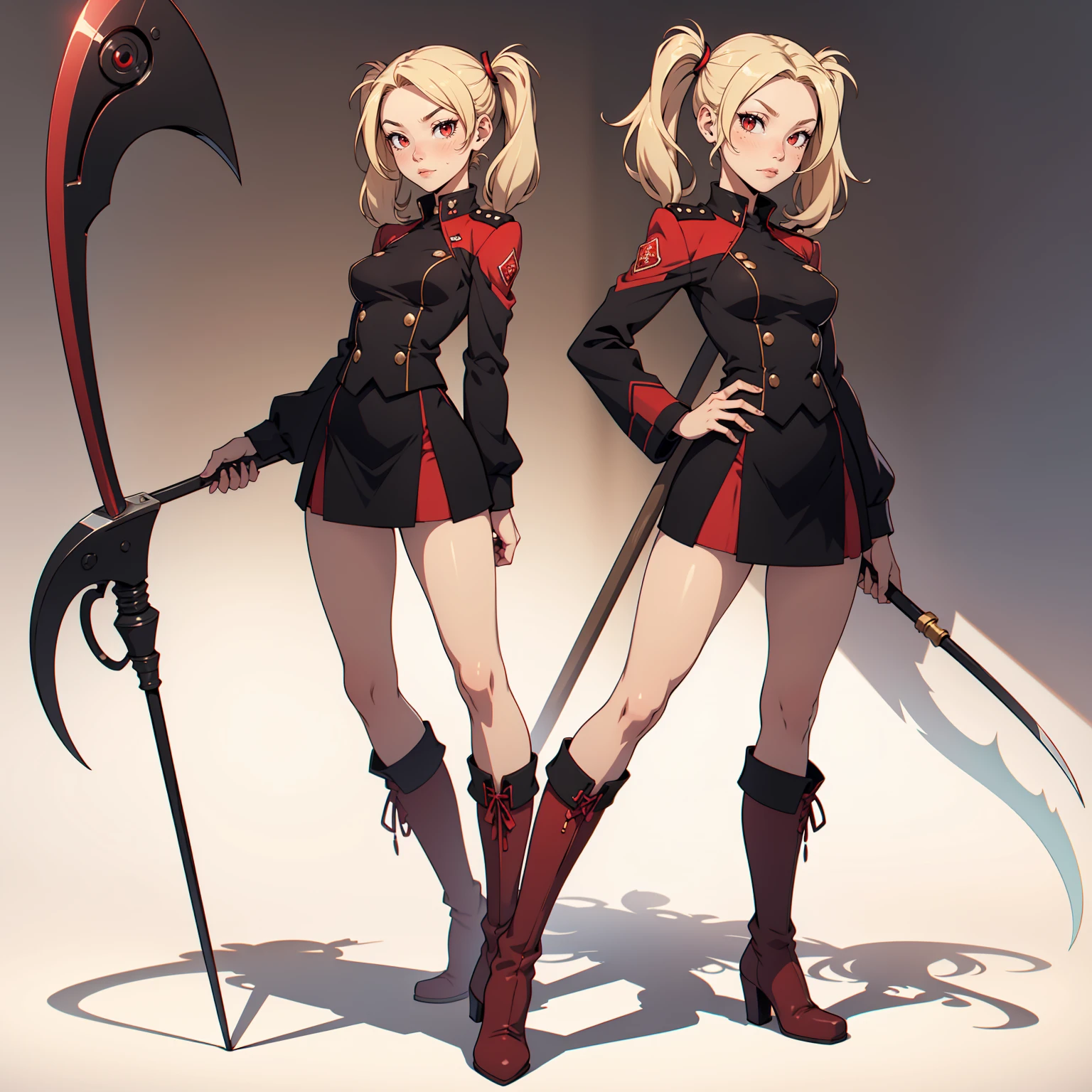 Very detailed, neutral facial expression, figure, full body view, small breasts, blonde hair with twintails, red eyes, looking at viewer, black and red uniform, skirt, black boots, holding scythe, sexy pose.