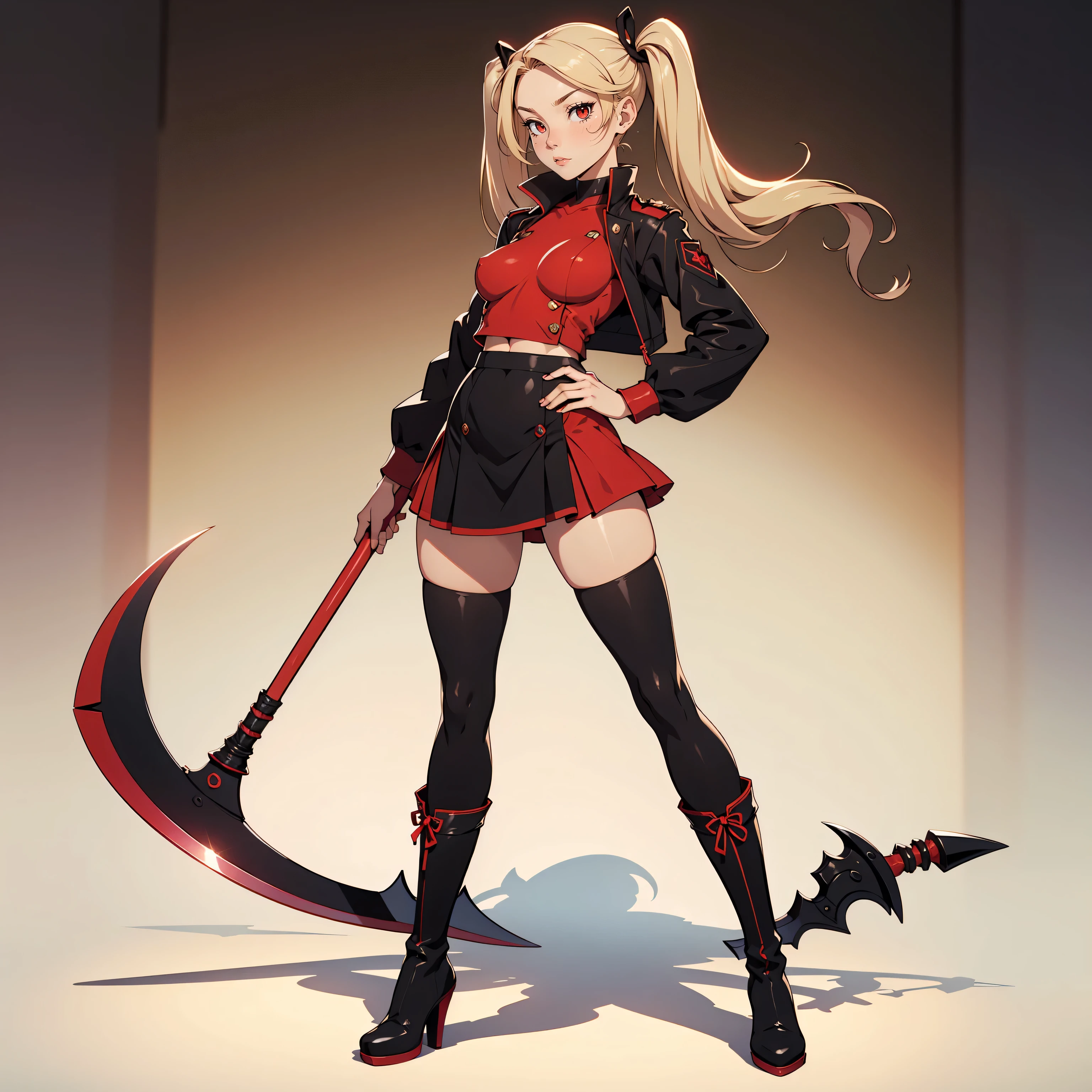 Very detailed, neutral facial expression, figure, full body view, small breasts, blonde hair with twintails, red eyes, looking at viewer, black and red uniform, skirt, black boots, holding scythe, sexy pose.