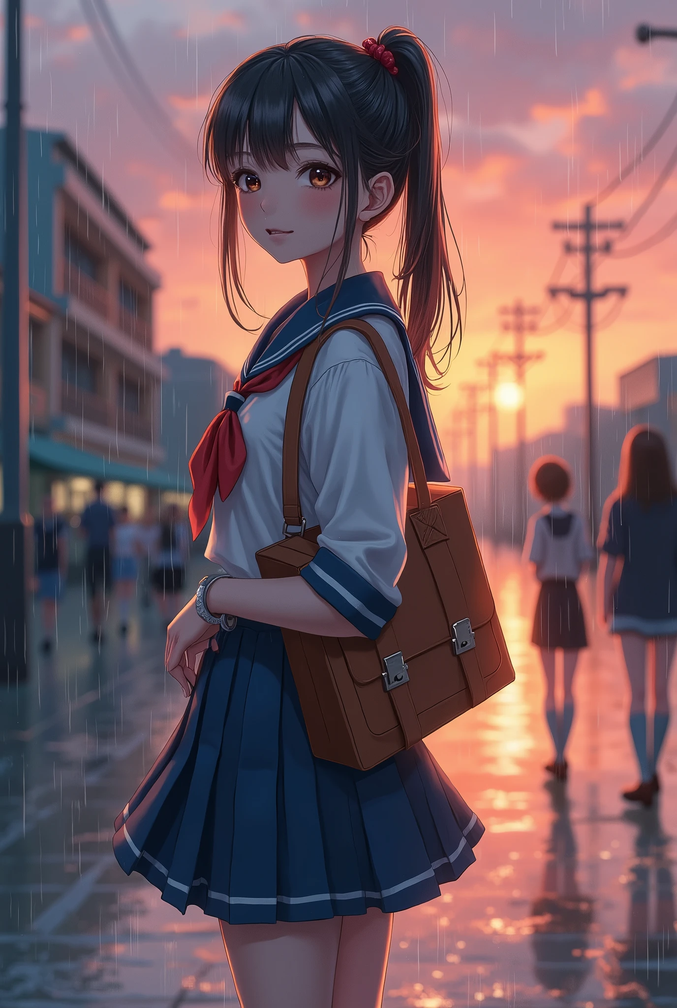 high school girl、Sheer sailor suit(buzzer服、Wet and transparent)、Navy Pleated Skirt、socks、loafers、ponytail、school bag、buzzer、Sudden Sunset(rain)、